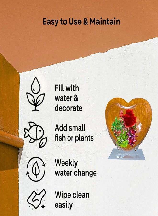 حوض سمك أصفر على شكل قلب مقاس 9 بوصات يُعلق على الحائط - مع حامل | حوض أسماك عصري للمنزل والمكتب والمقهى | تصميم موفر للمساحة | حوض سمك أنيق وحوض نباتات | تصميم صغير الحجم - Image 5